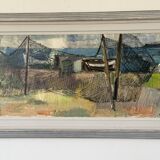 Vintage Oil Painting Fishing Village Scene 1950s