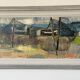 Peinture à l'huile vintage représentant une scène de village de pêcheurs, années 1950