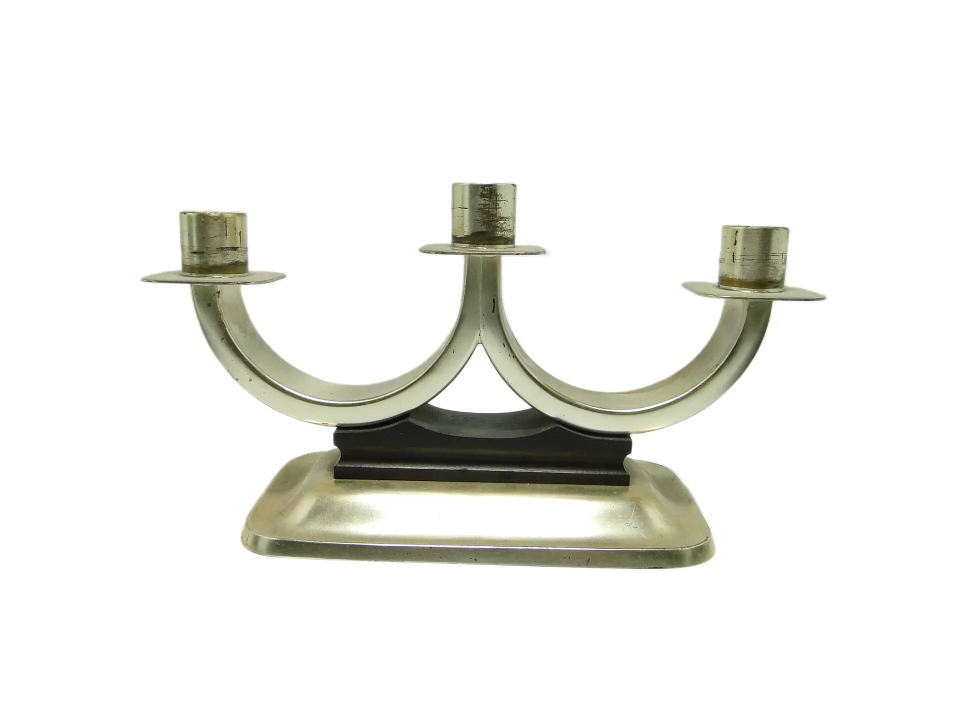 Three-armed candlestick, Art Deco, silver-plated brass, Quist, Germany, 1950s