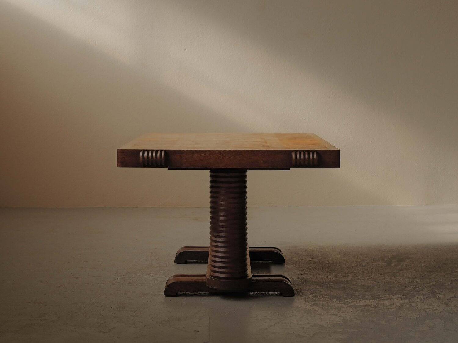 Solid oak table with marquetry, France, circa 1940.