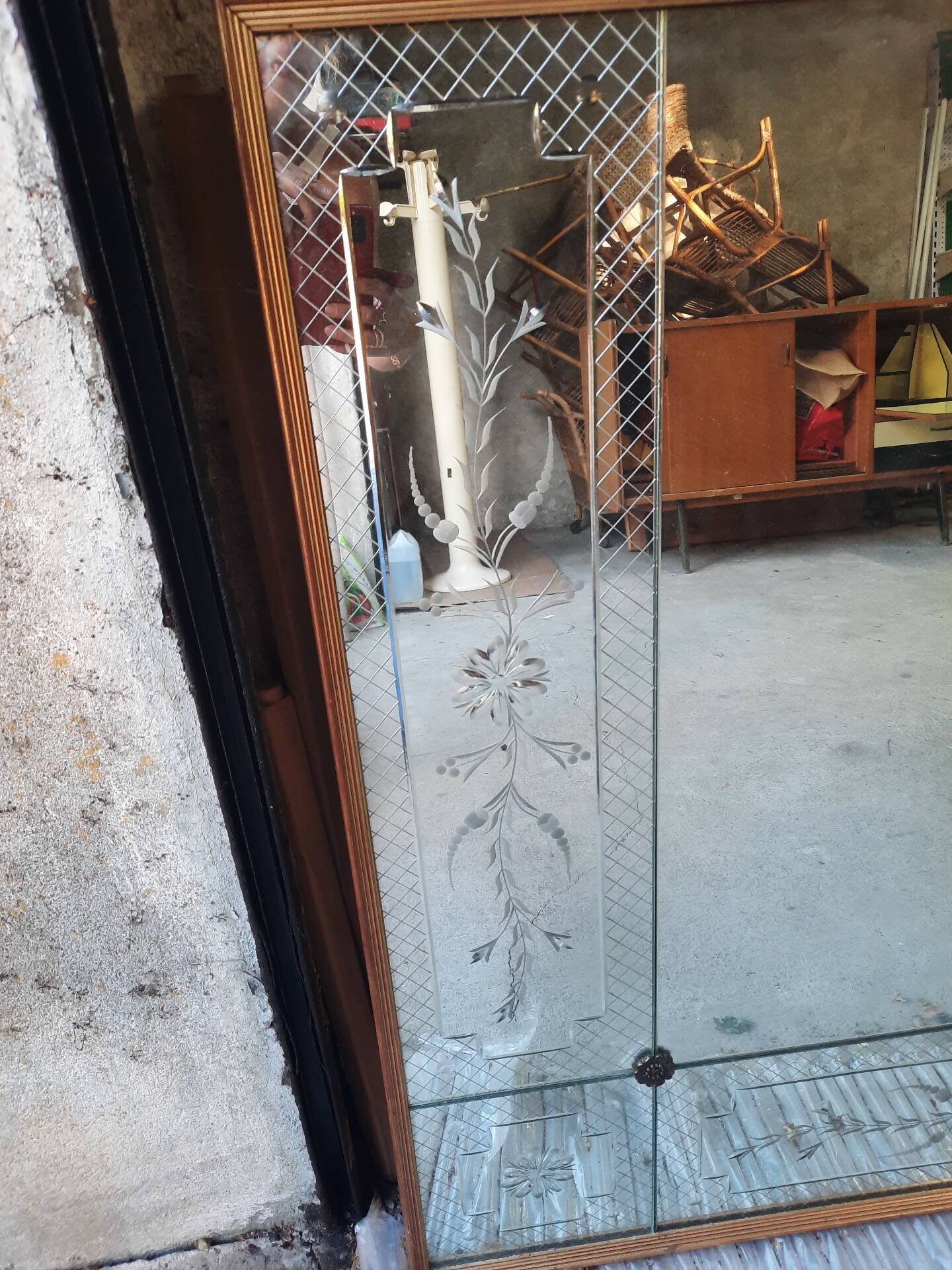 Immense miroir vénitien – 202 cm – verre gravé & biseauté – bois doré