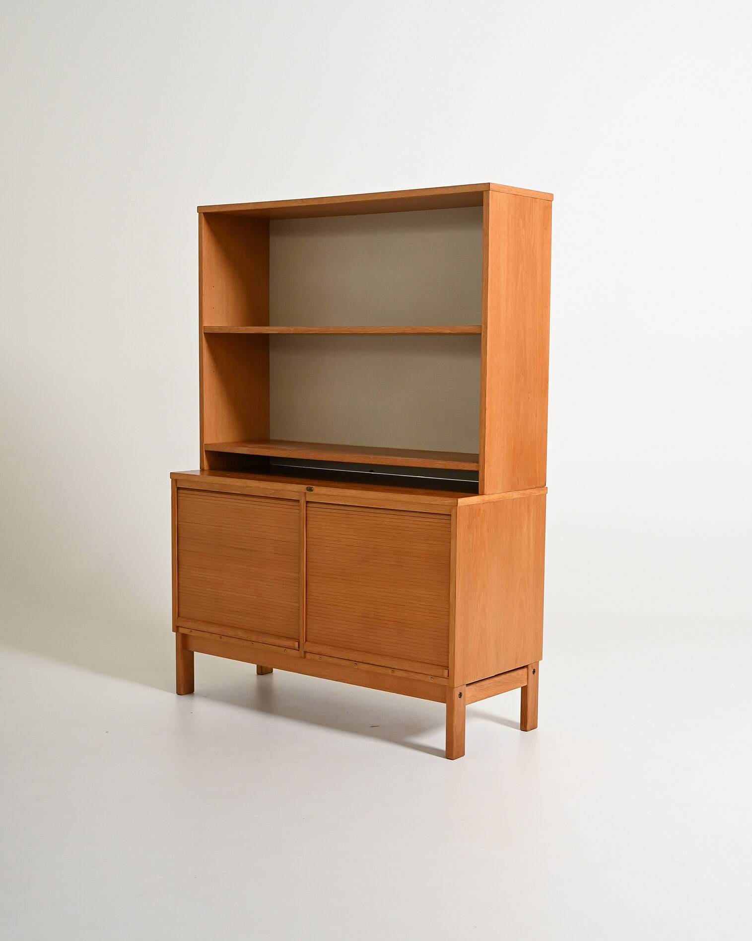 Oak cabinet with tambour doors with upper shelves, 1960s