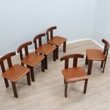 Ensemble de 6 chaises Luigi Vaghi en bois massif et cuir, ANCIENNES années 1970