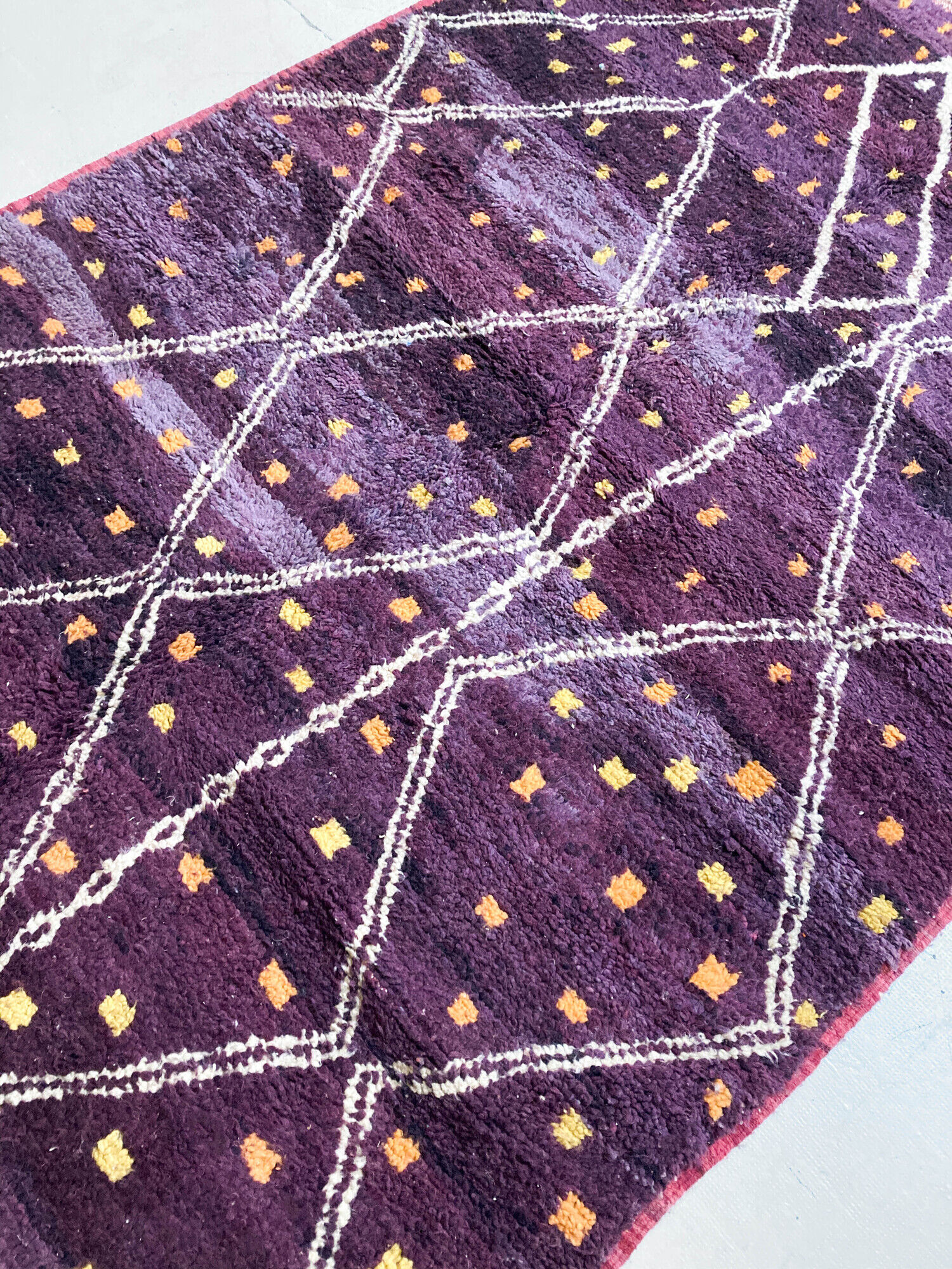 Moroccan Berber carpet beni ouarain purple with colorful graphic patterns 279x192cm
