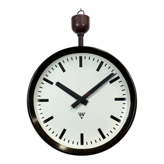 Industrial bakelite double sided factory clock from pragotron, 1950s