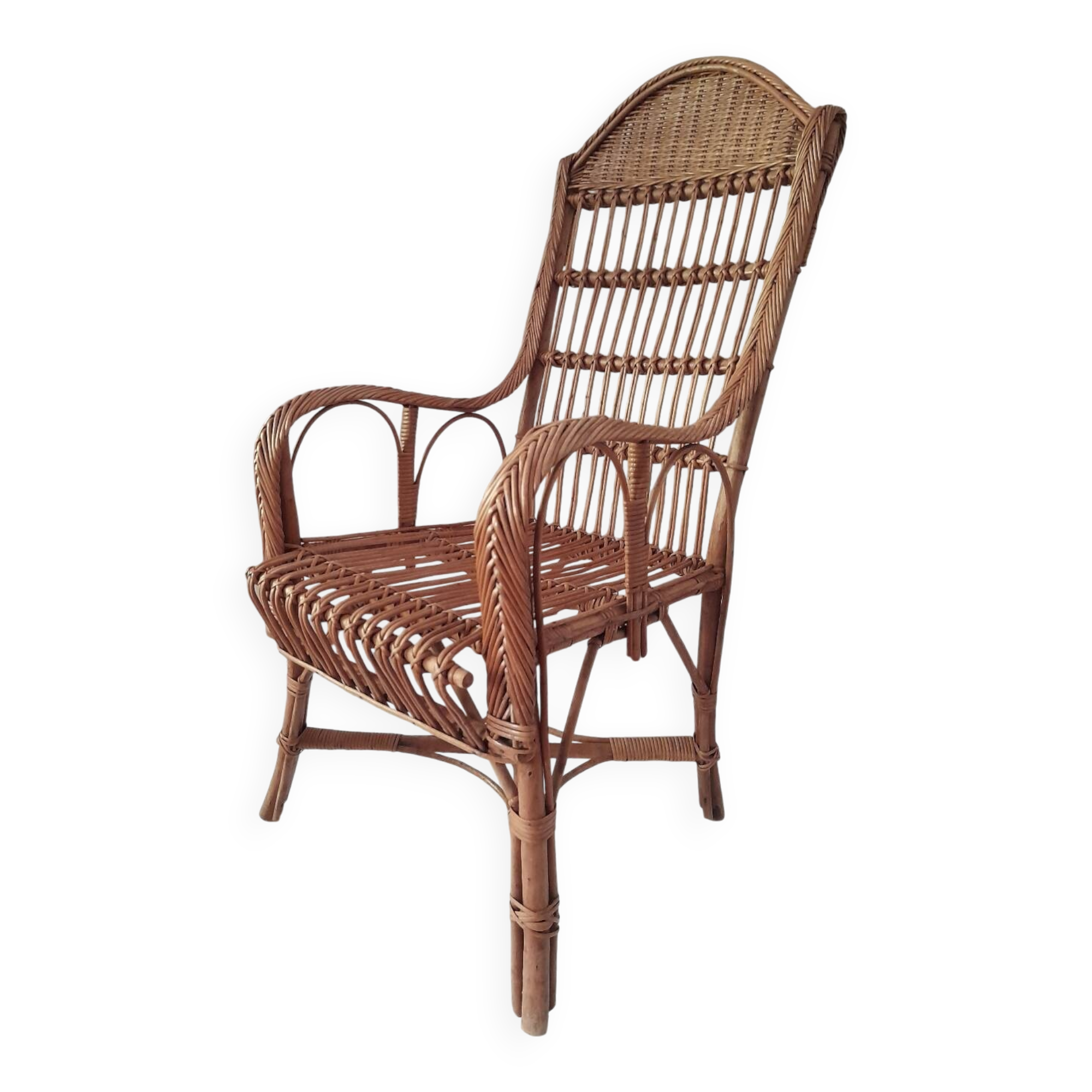 High-backed wicker armchair