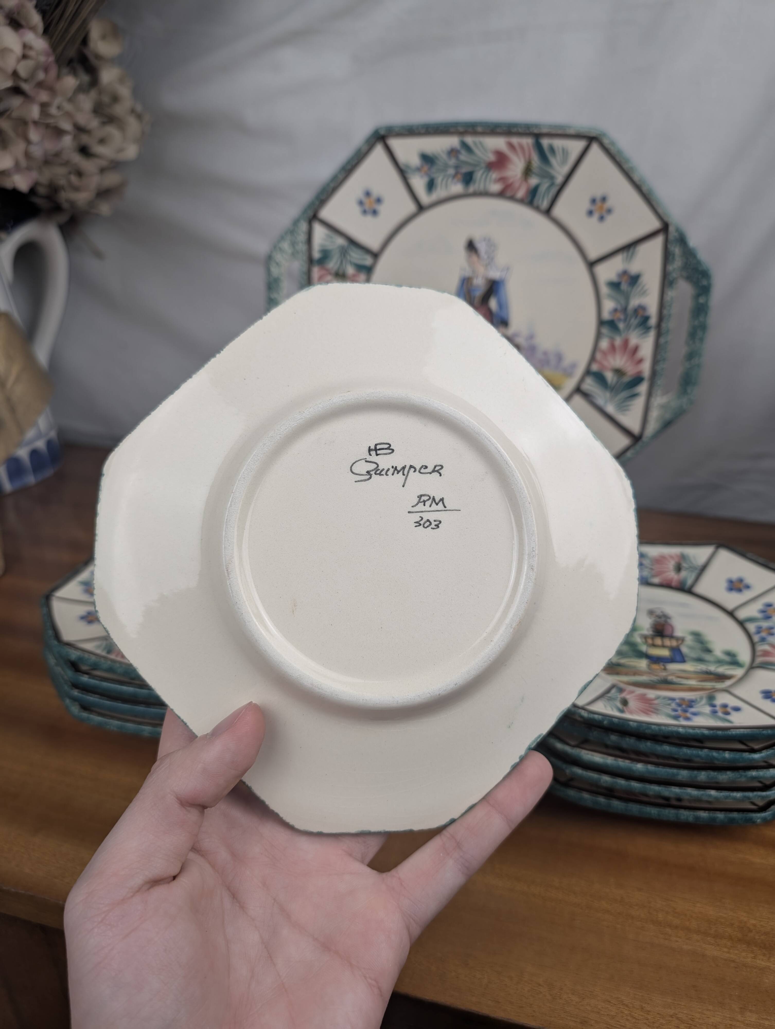 Henriot Quimper RM Octagonal Dessert Service Breton Couple Art Deco Style