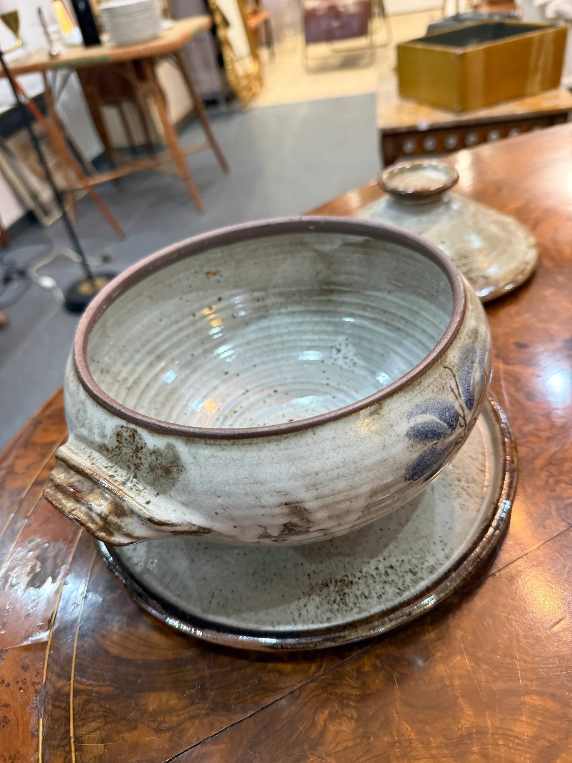 Glazed stoneware soup tureen with lid and plate – French workshop – 20th century