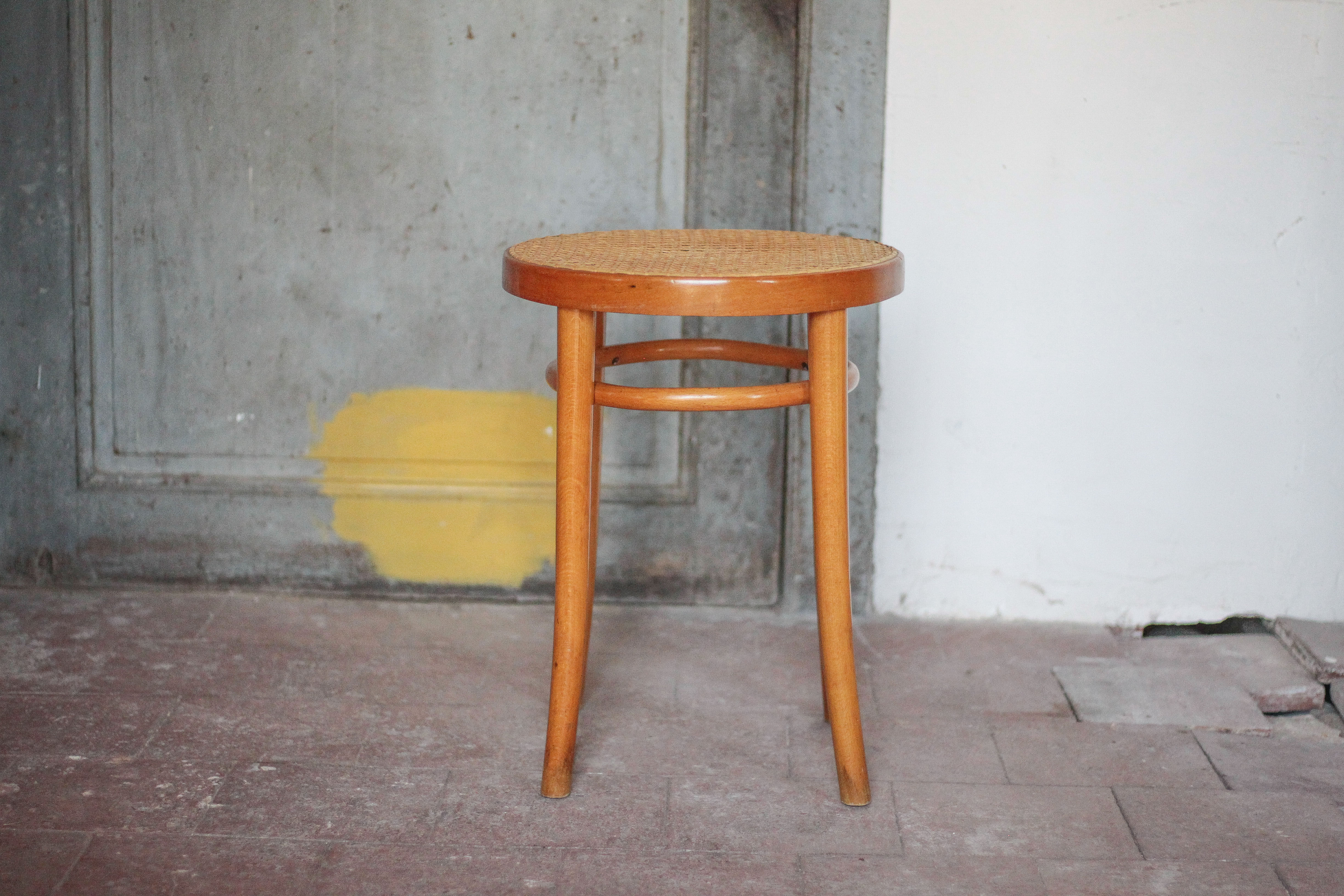 Vintage wooden and cane stool, stool made in Romania, wooden stool