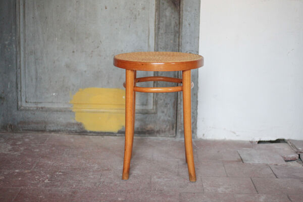 Tabouret bois et cannage vintage, tabouret made in Romania, tabouret bois