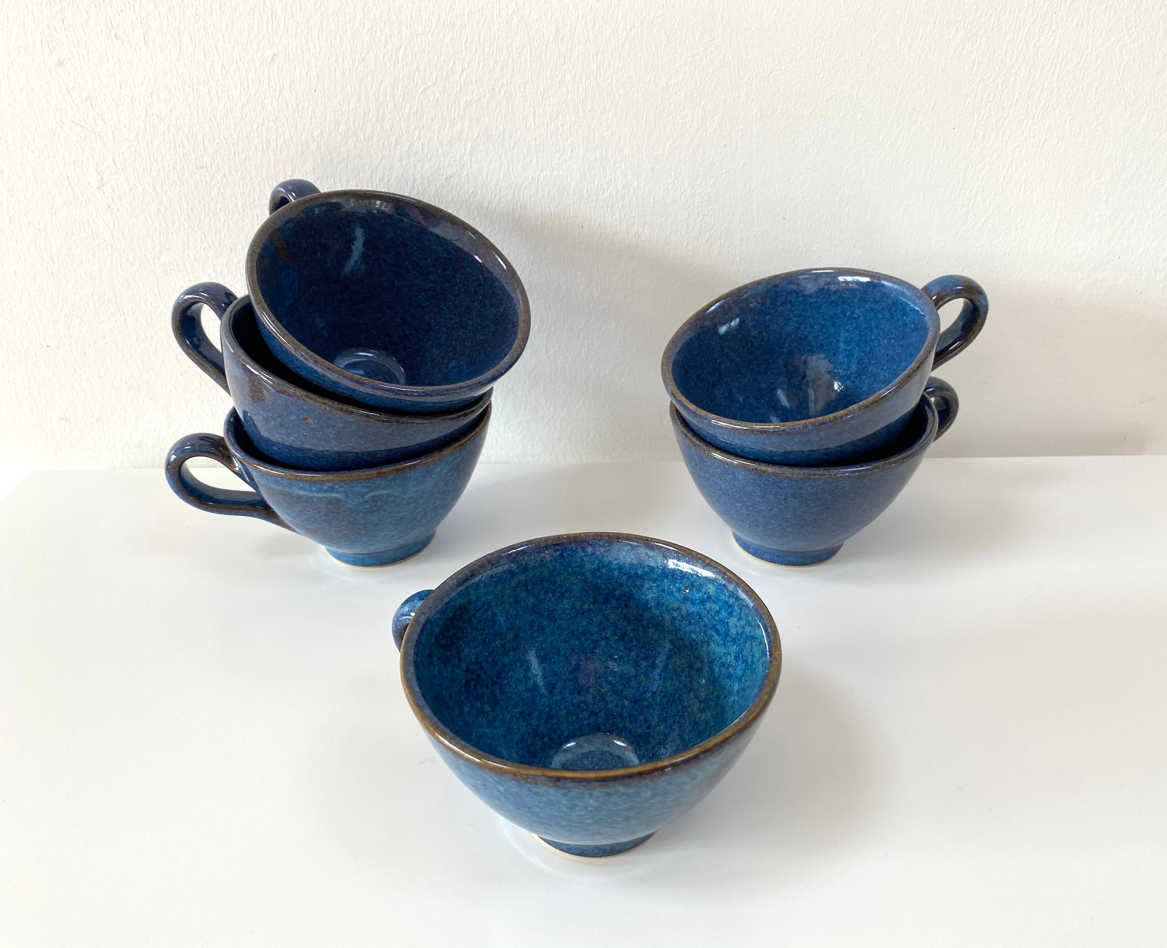 Set of 6 cups or cider bowls in glazed blue stoneware