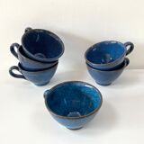 Set of 6 cups or cider bowls in glazed blue stoneware