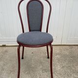 Metallic burgundy bistro chair for restaurants and communities with gray fabric