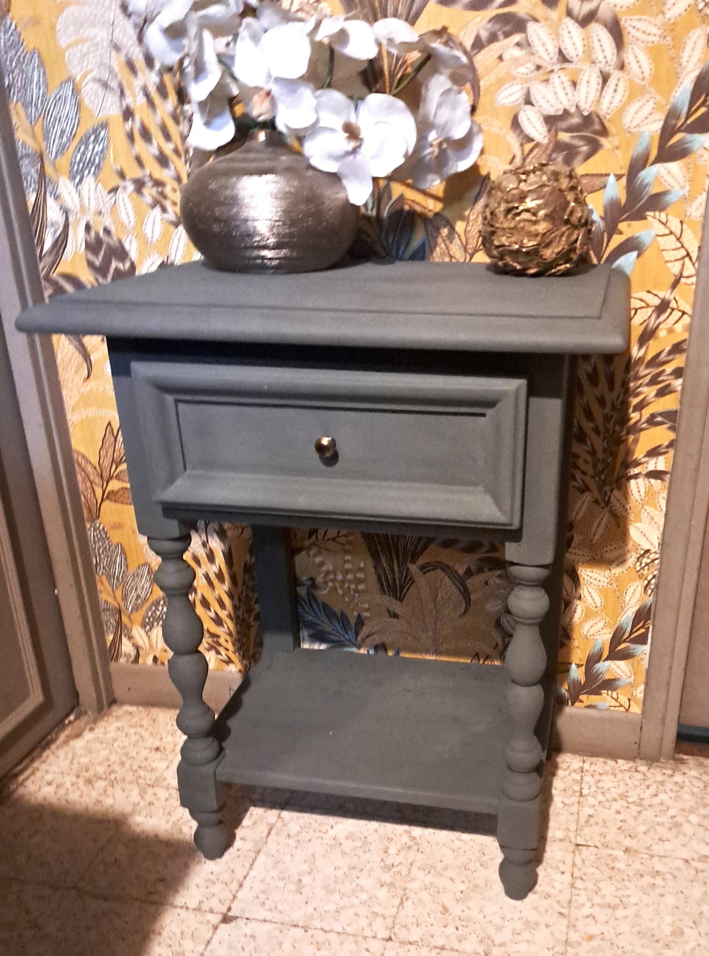 Restored 1900 bedside table in solid wood painted in Gustavian grey