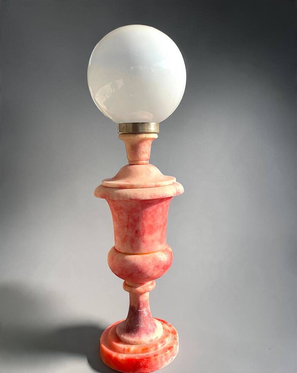 Italian hand carved pink alabaster urn lamp