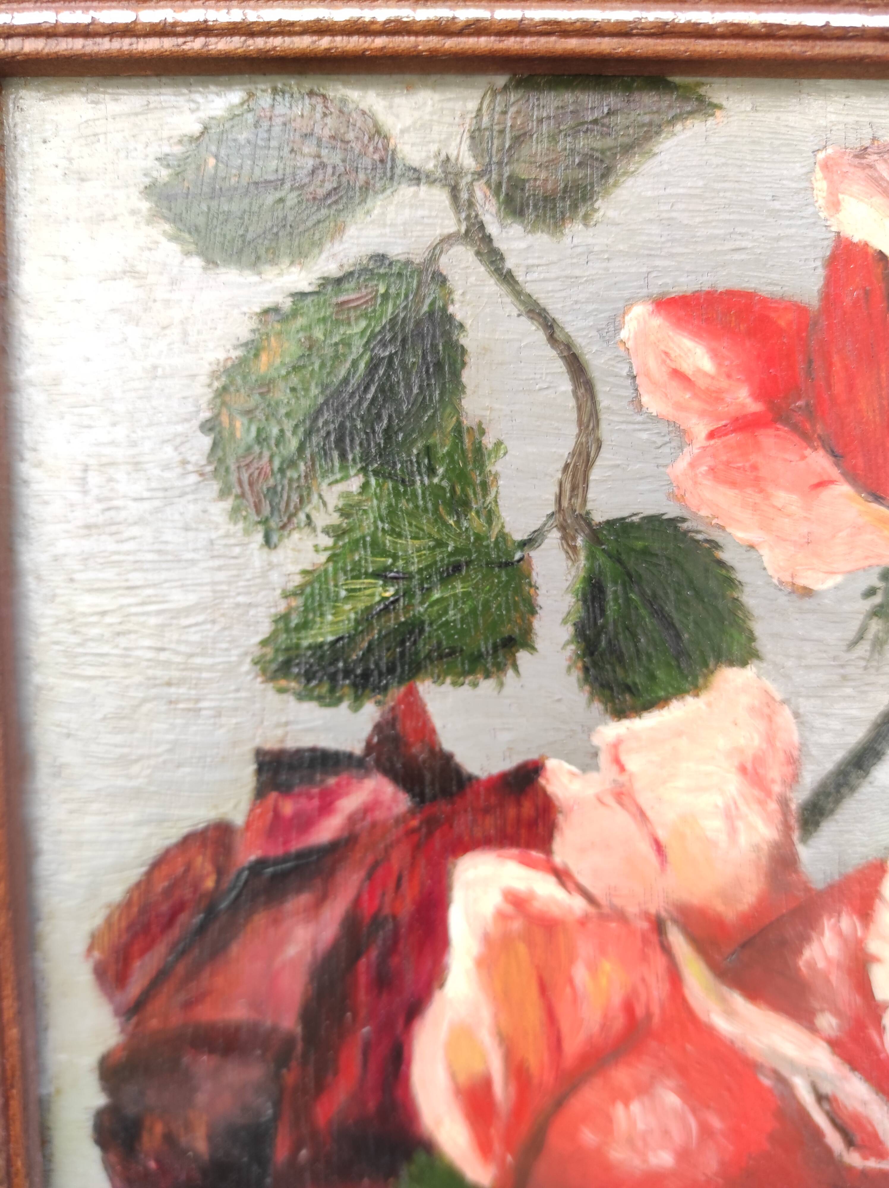 Vintage oil painting of flowers, two roses,  signed Trosset, 1942
