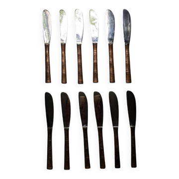Set of 12 bamboo-style dessert knives in brass.