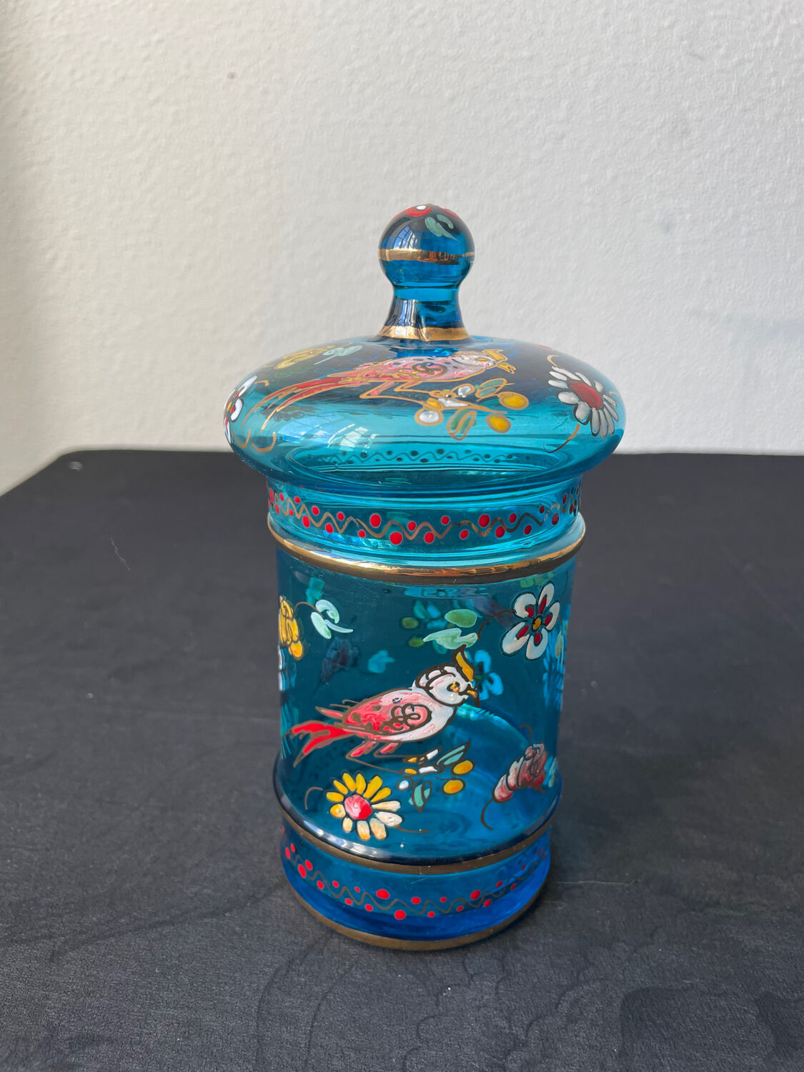 Hand-painted blue glass pot flowers and birds