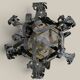 Black wrought iron lantern with stained glass. Medieval, Gothic decoration.