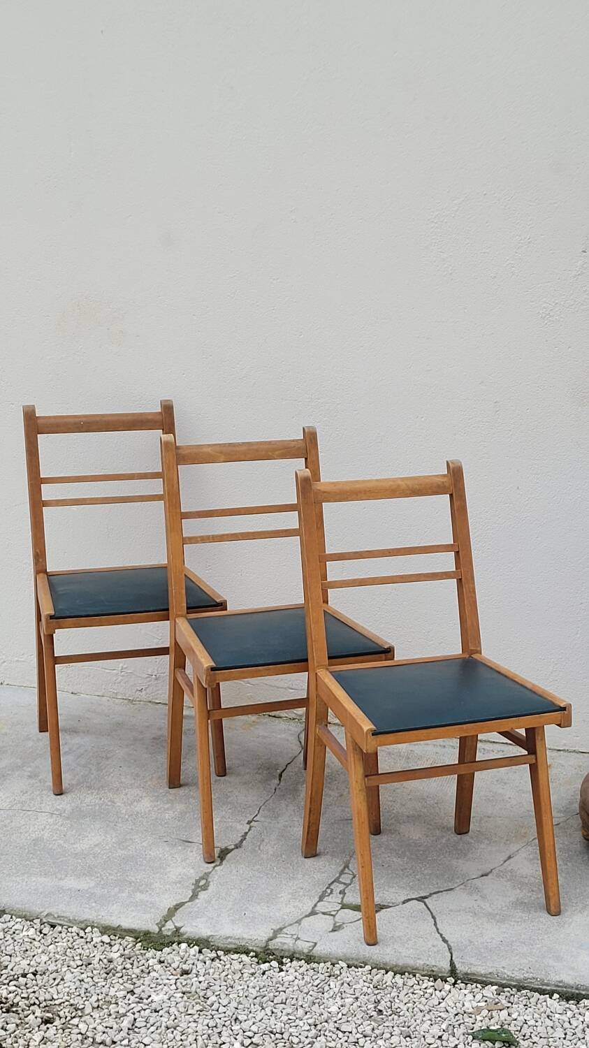 Series of 3 vintage chairs with compass legs - 1950s