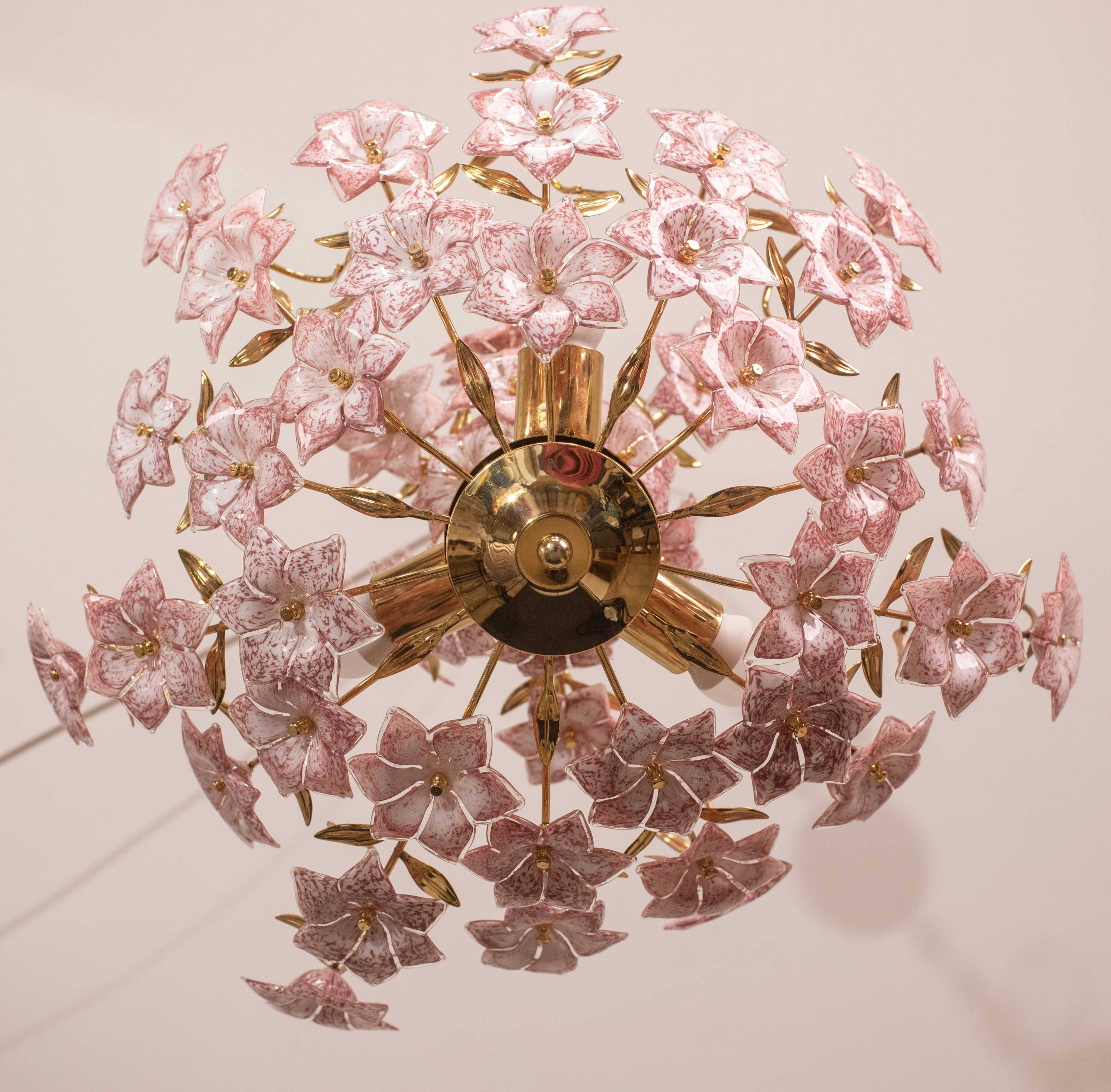 Vintage Murano Glass Chandelier Pink Flowers, 1970