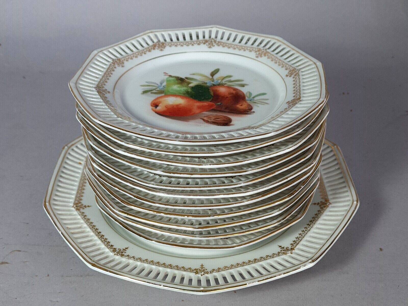 Set of 10 dessert plates & dish, openwork marli & fruits vintage 50s