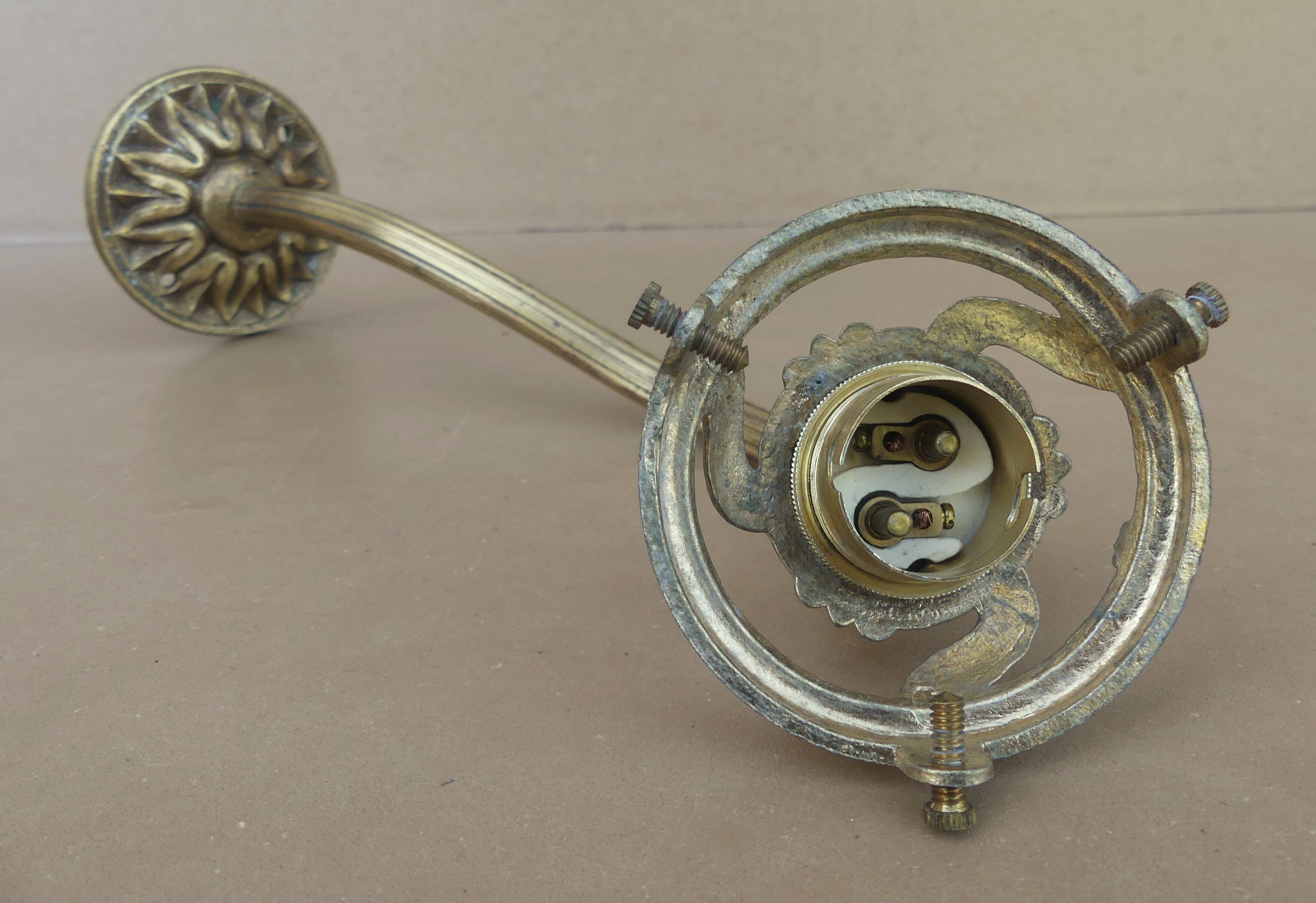 Old BRONZE GOOSENECK wall lamp with wavy yellow green OPALINE lampshade