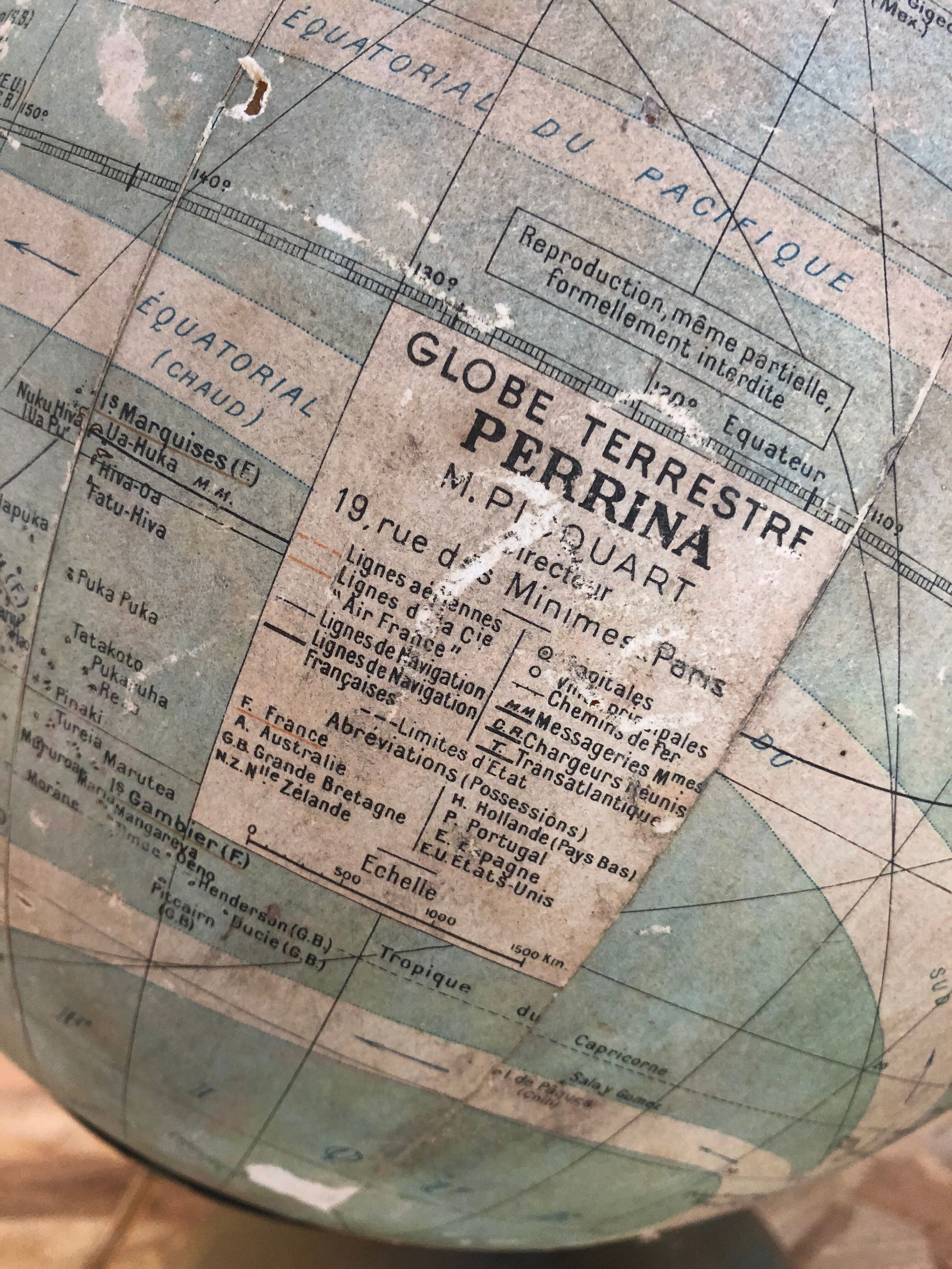 Old terrestrial globe world map perrina paris glass vintage metal foot
