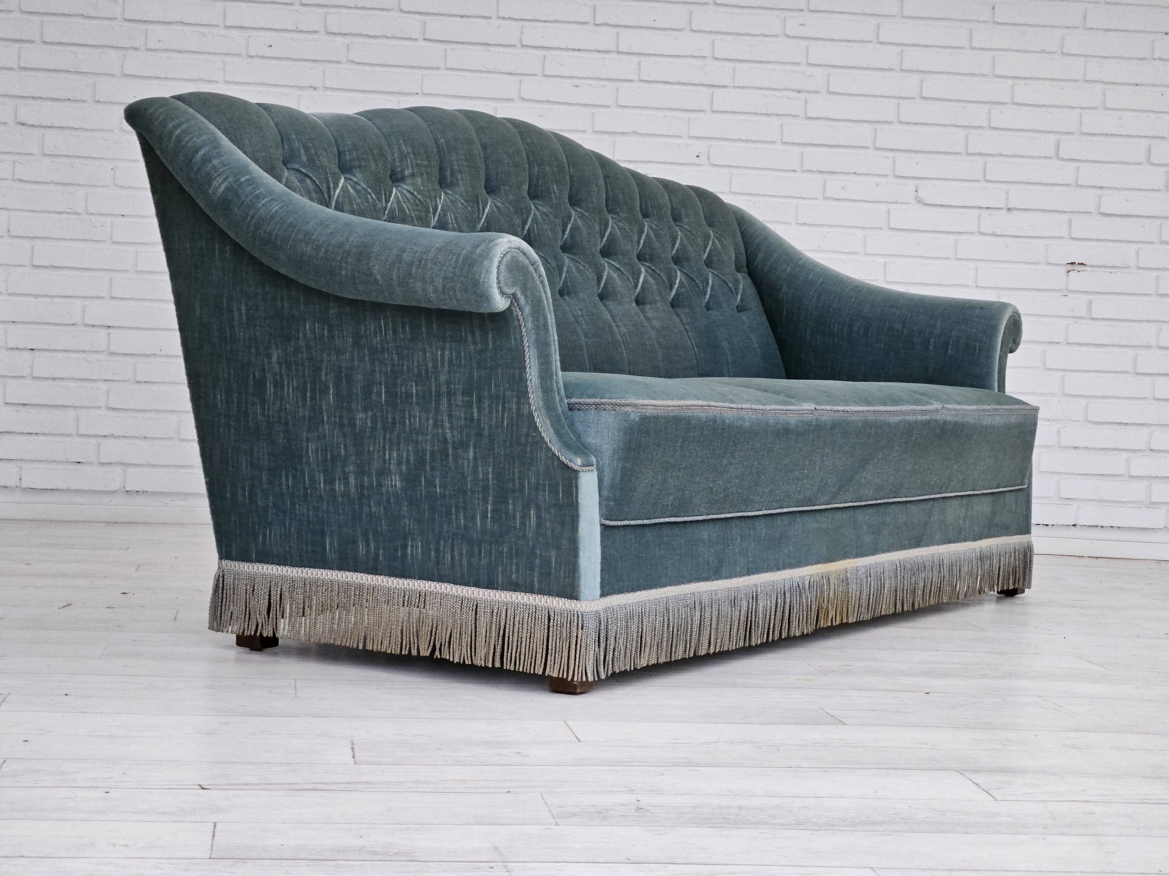 1960s, Danish 3 seater sofa, light blue velour, original good condition.