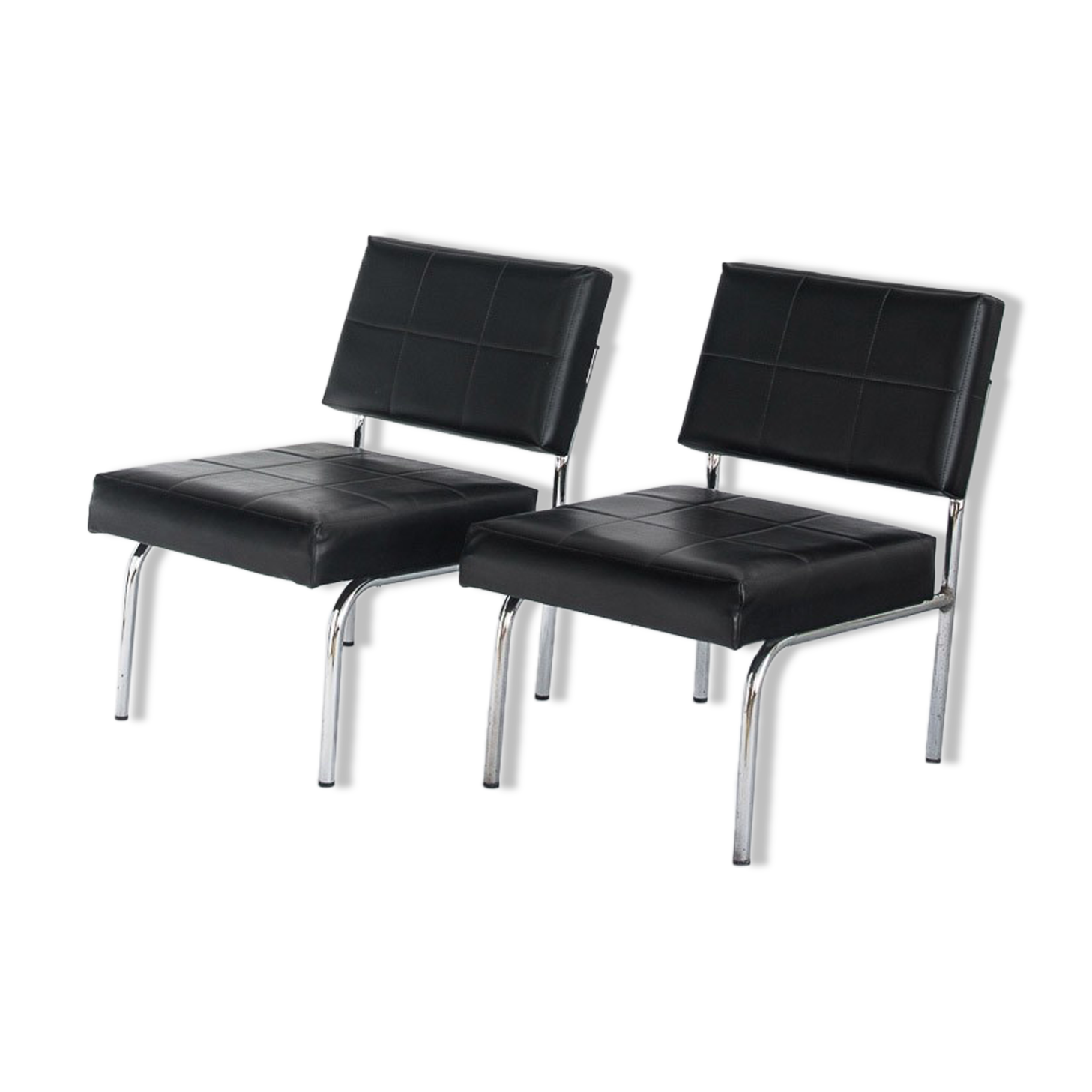 Pair of vintage low armchairs in chrome metal and skaï, Spain 1970