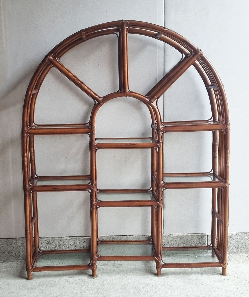 Bamboo rattan and glass shelf pier import 80s