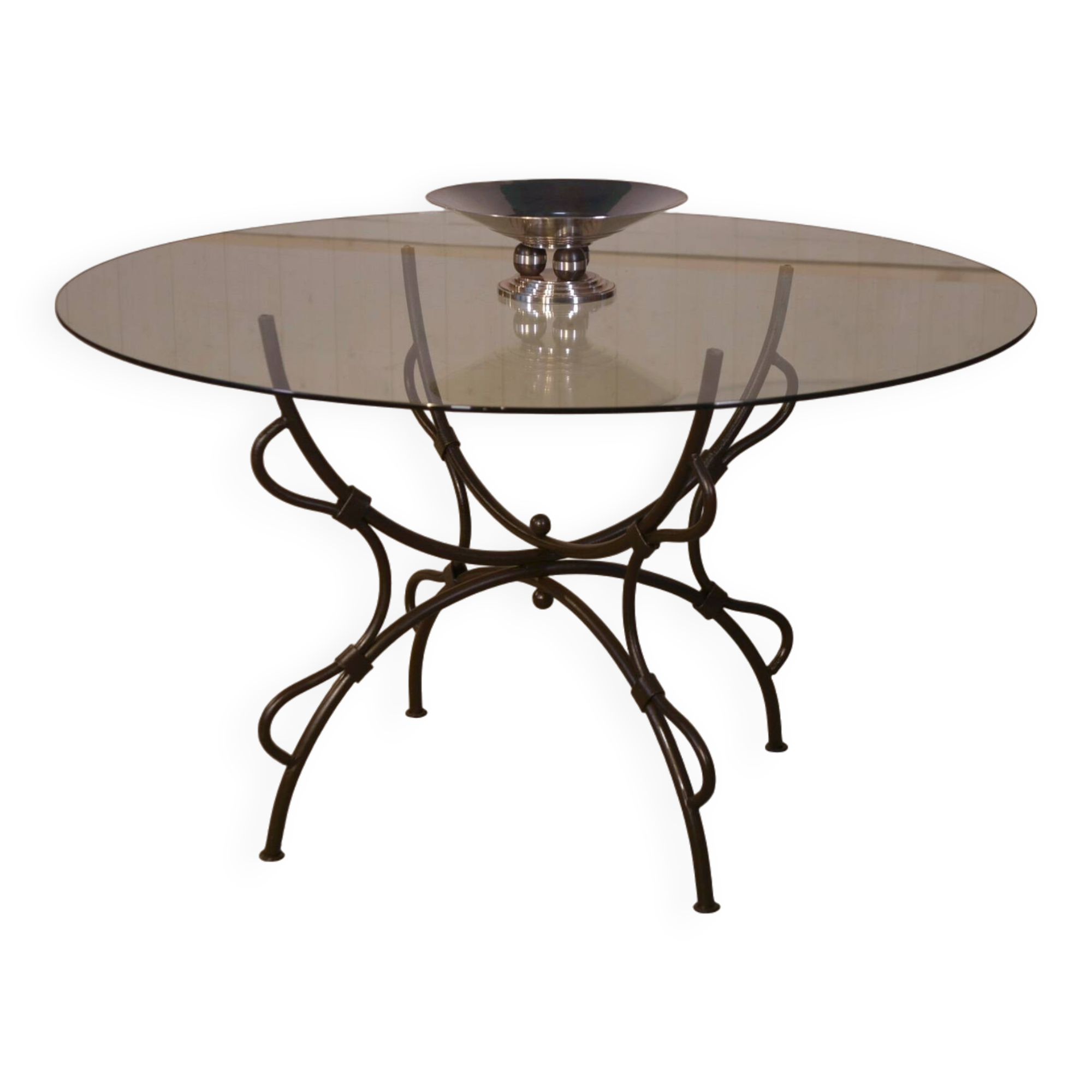 Table piètement en fer forgé pliant et plateau en verre intérieur/extérieur