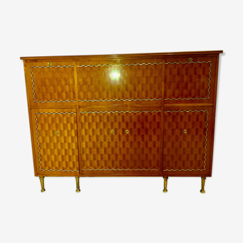 Buffet 1960 marqueterie de bois précieux intérieur en citronnier