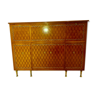 Buffet 1960 marqueterie de bois précieux intérieur en citronnier