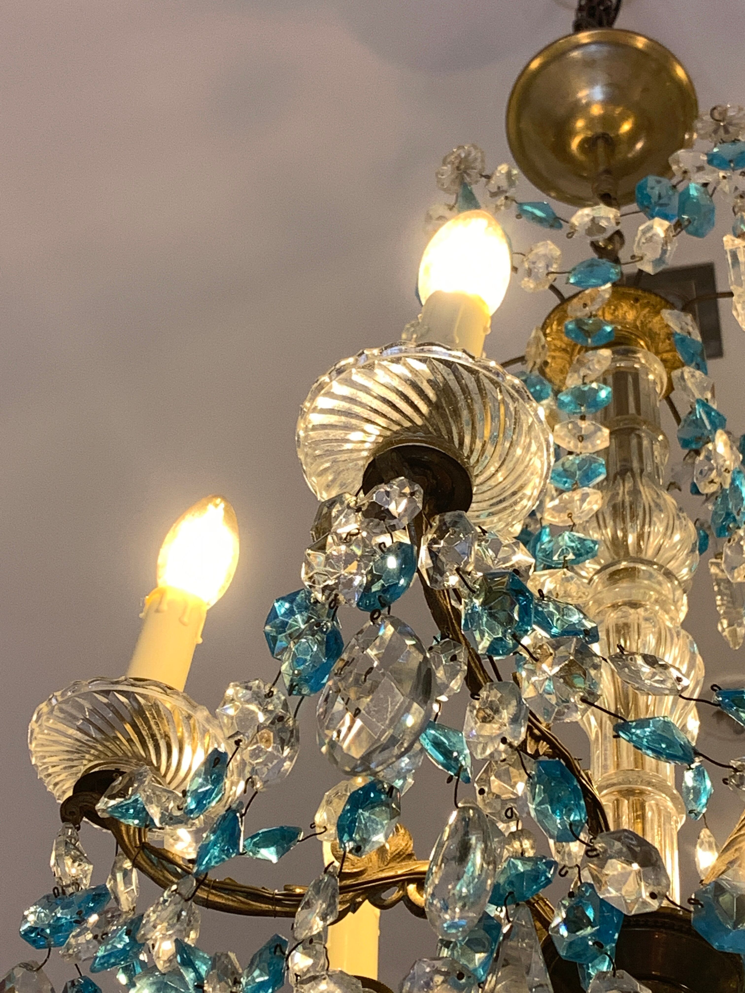 Chandelier with blue crystal pimples, 6 lights, Baccarat, 1950, art nouveau style