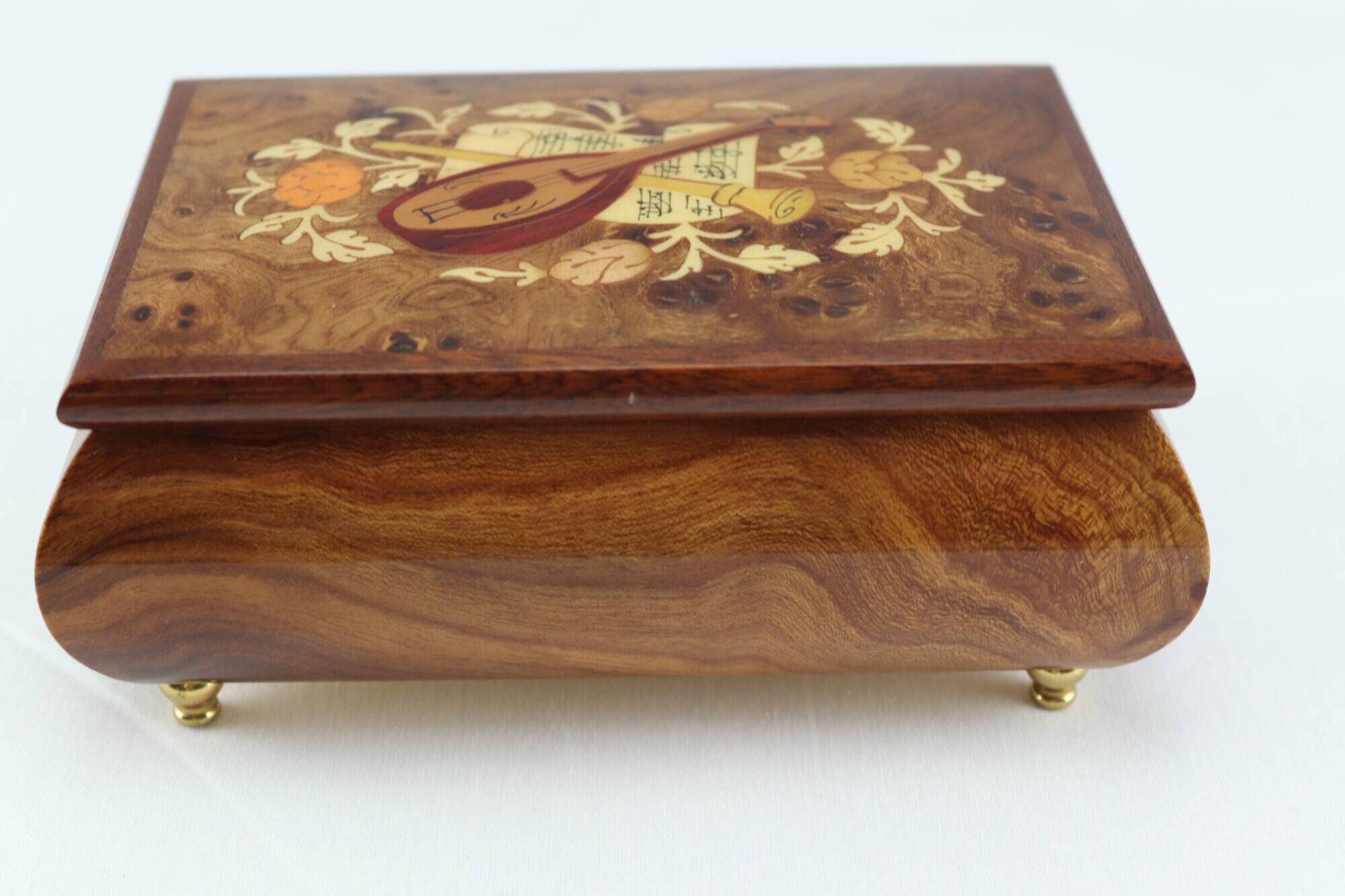 Vintage musical jewelry box in inlaid wood