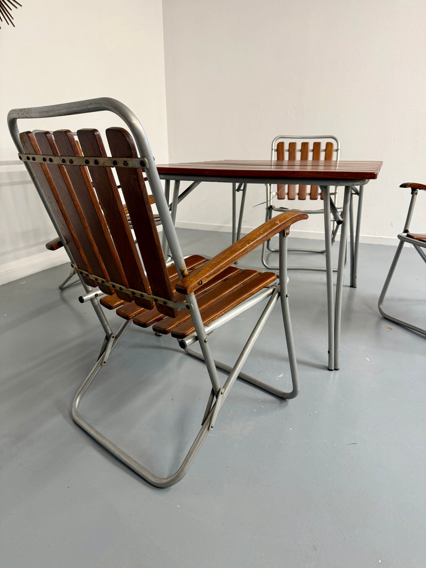 Vintage folding garden set table 4 chairs wood and metal 1960