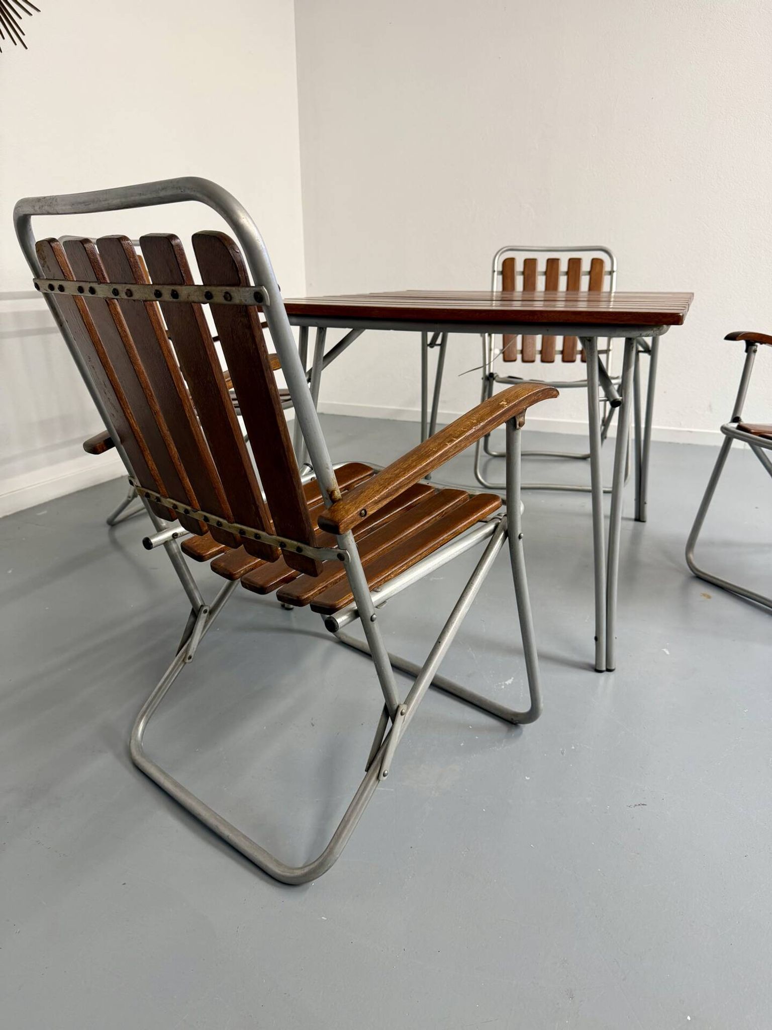 Vintage folding garden set table 4 chairs wood and metal 1960