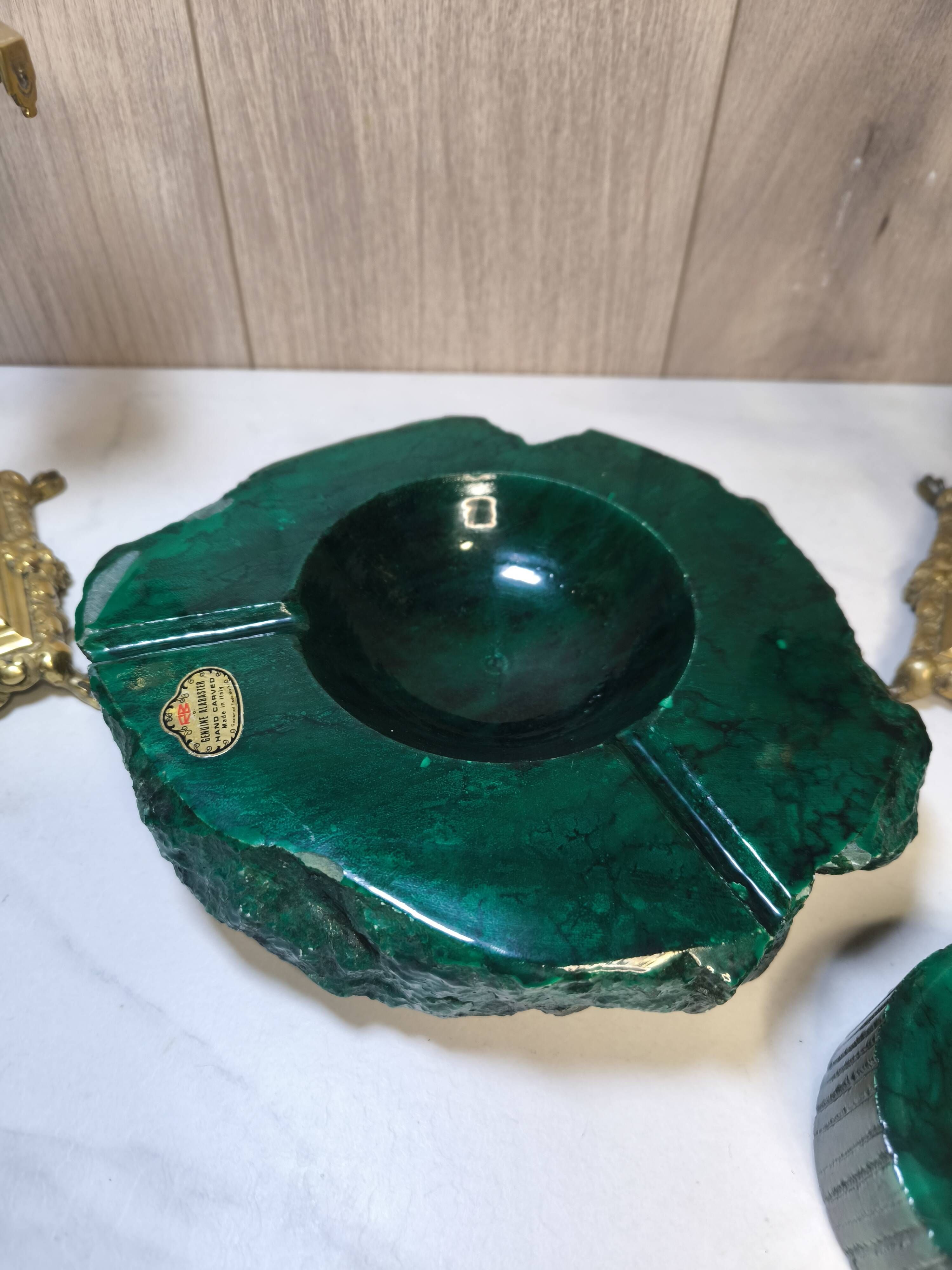 Vintage 70's Desk Set in Green Alabaster Malachite - 3 Pieces - Ita