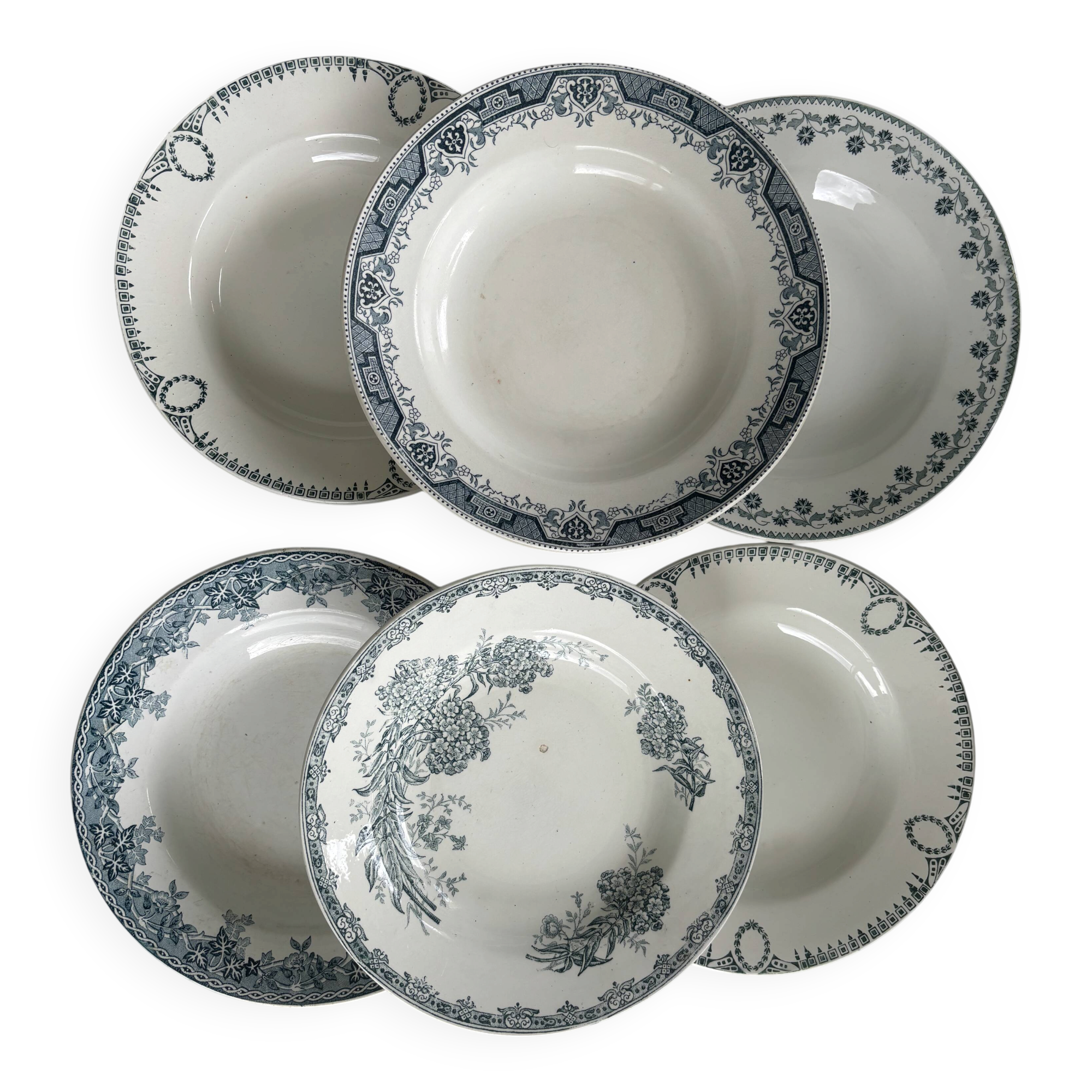 Set of 6 blue ironstone deep plates, antique French earthenware.