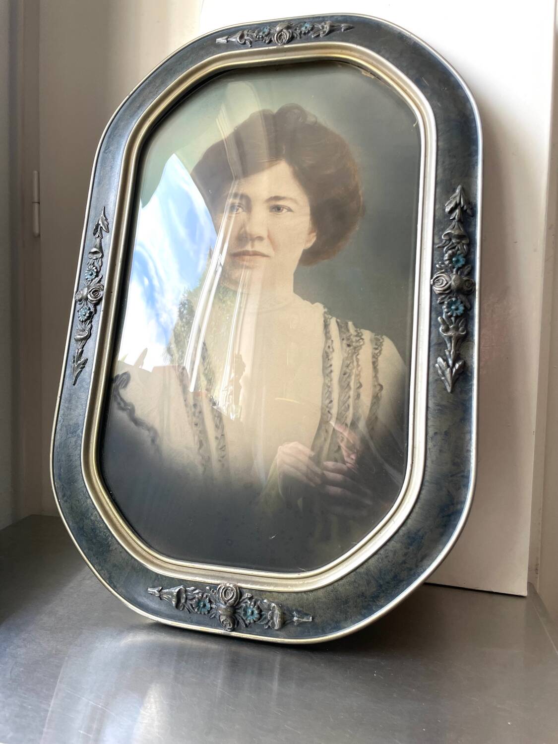 Giant antique  v silver & blue colored picture frame  hand painted black & white  antique photo portait of a lady   with convex   bubble glass   frame  53 cm x 35 cm