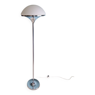 Modernist floor lamp in chromed metal and white satin glass, 1960s