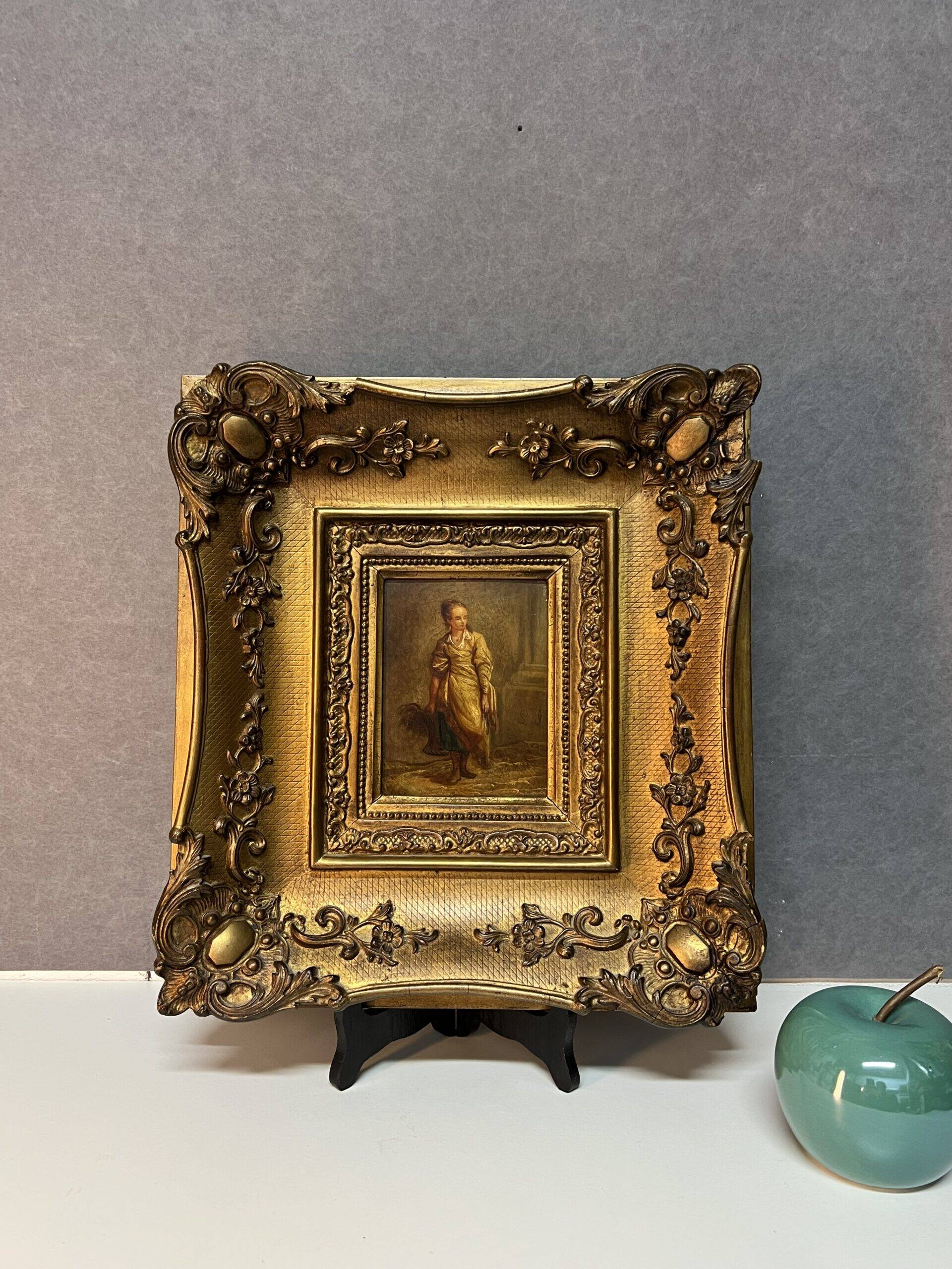 Oil on wood panel, woman with basket, signed LP, Jean Baptiste Le Prince?
