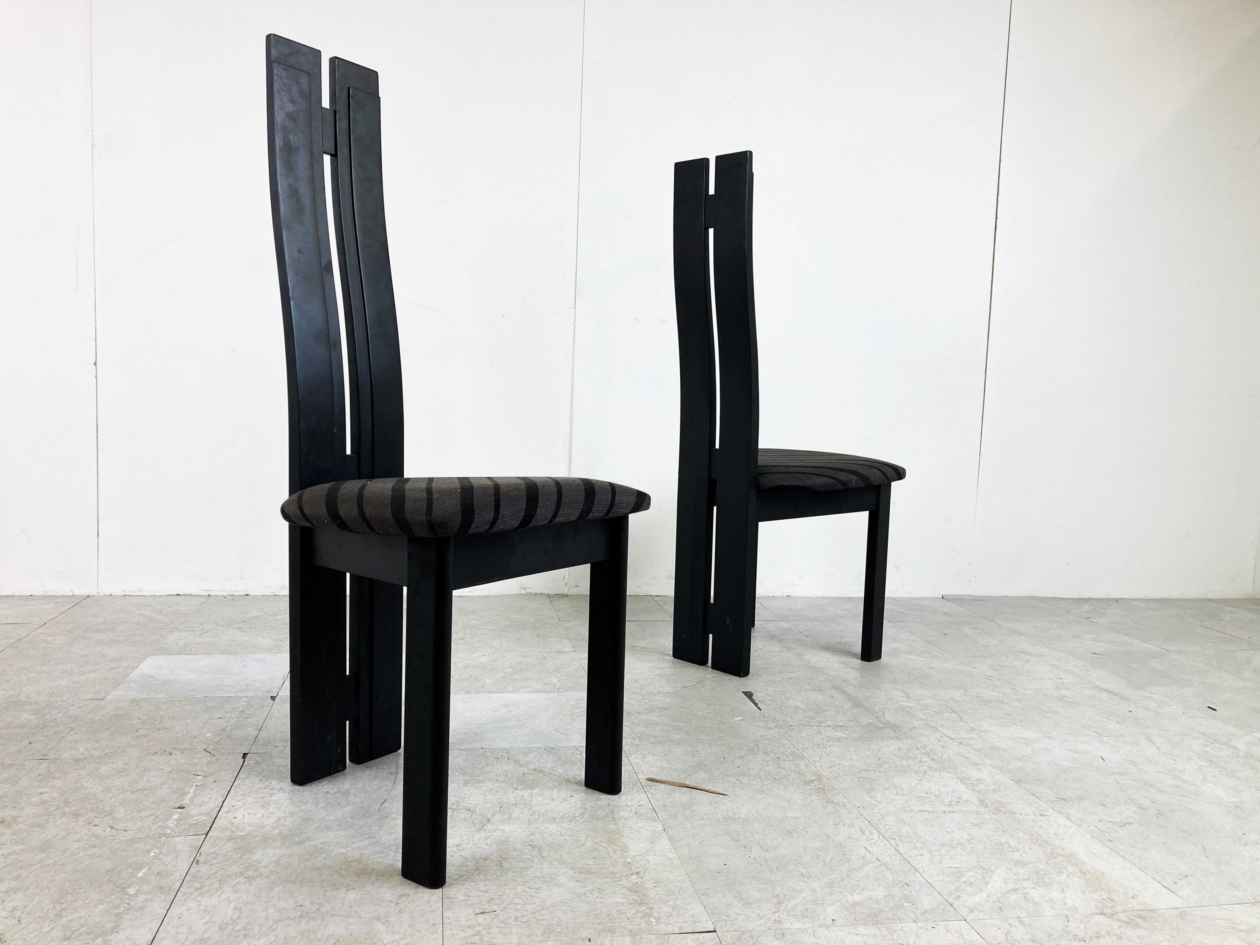 Set of 6 black wooden high back dining chairs - 1980s