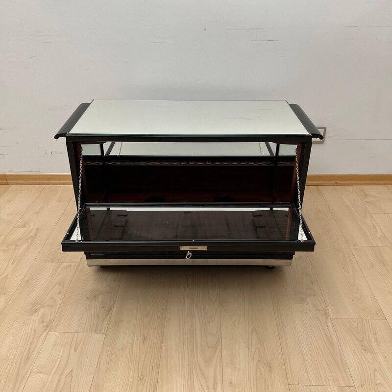 Art Deco Bar Cart in Black Lacquered Mahogany, Mirrored Glass & Chrome, France, 1930