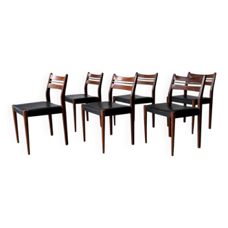 Set of 6 Scandinavian design chairs in solid teak and black Skai.