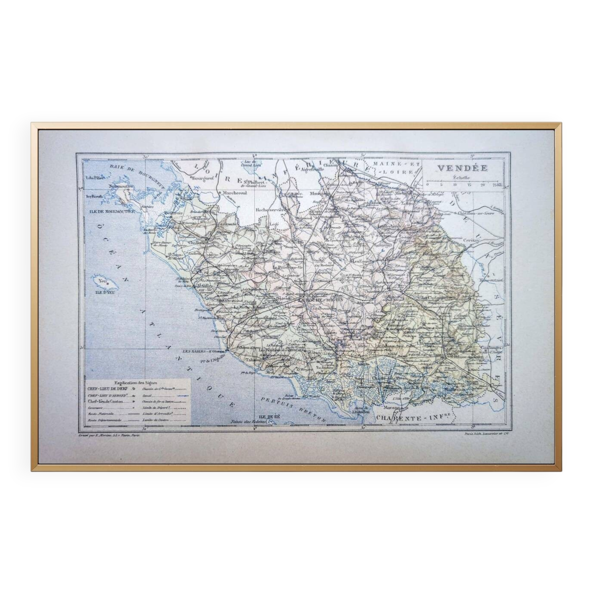 The Vendée, old map printed in 1889.