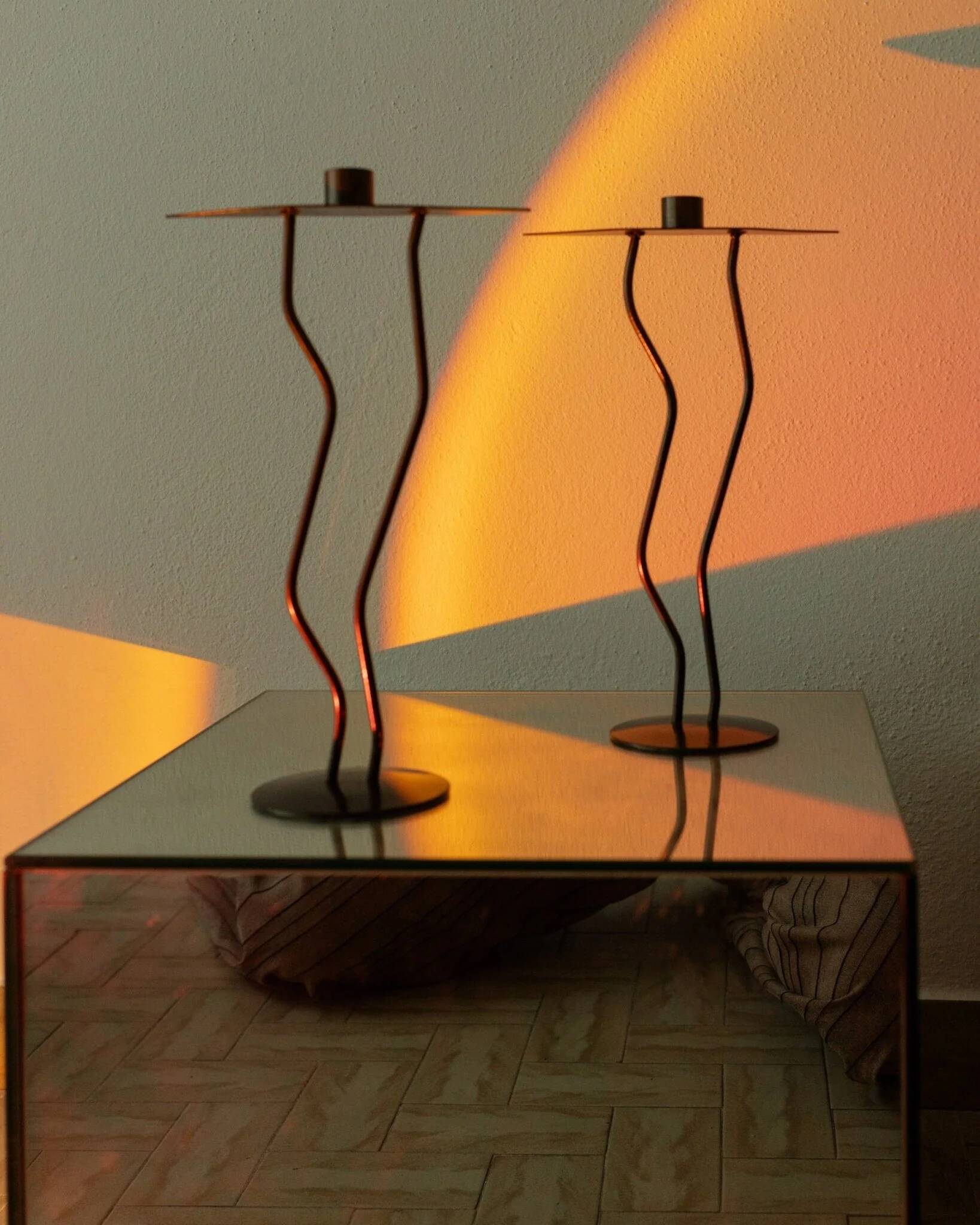 Dark Bronze Metal Candlesticks, Zigzag Postmodern Memphis Style, 2-Piece Set, Italy 1990s