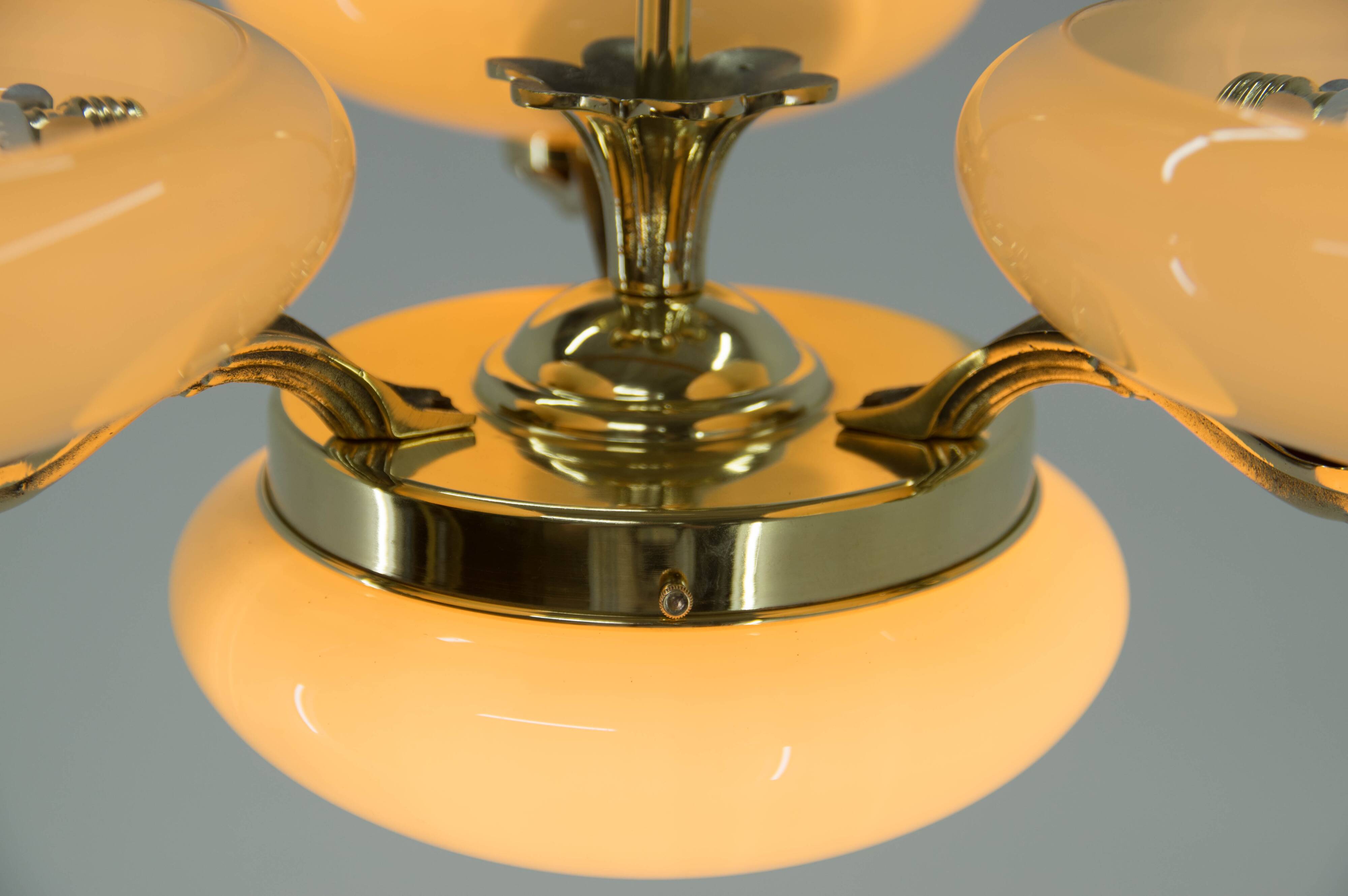 Art Nouveau Brass and Glass Chandelier, 1920s, Perfect Condition