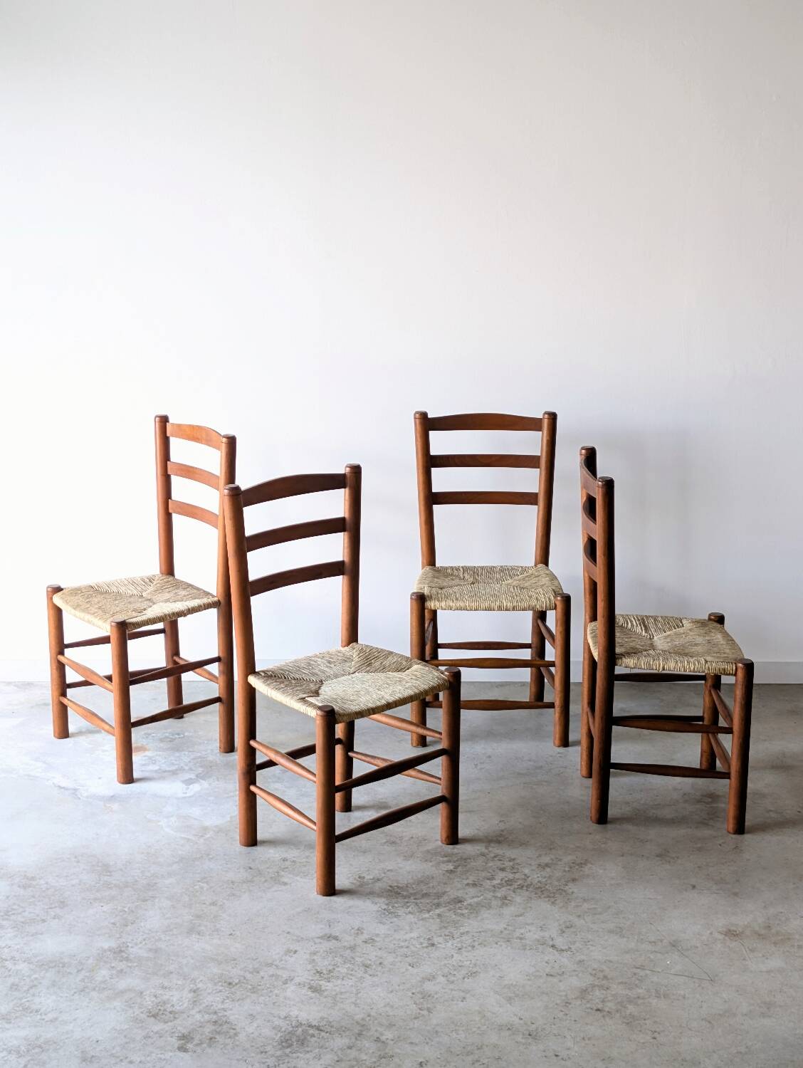 4 vintage brutalist chairs, wood & rope, Sentou / Perriand, 1960